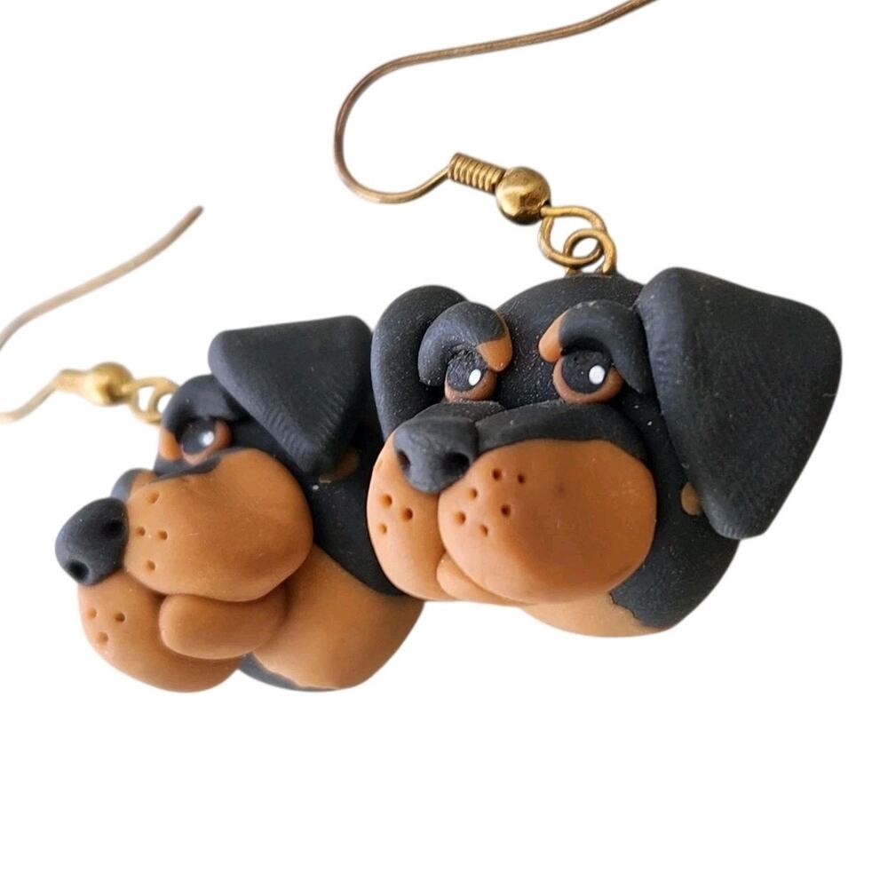 VTG 1983 HANDMADE ROTTWEILER EARRINGS JEWELRY CLAY SIGNED PET LOVER DOG MOM GIFT